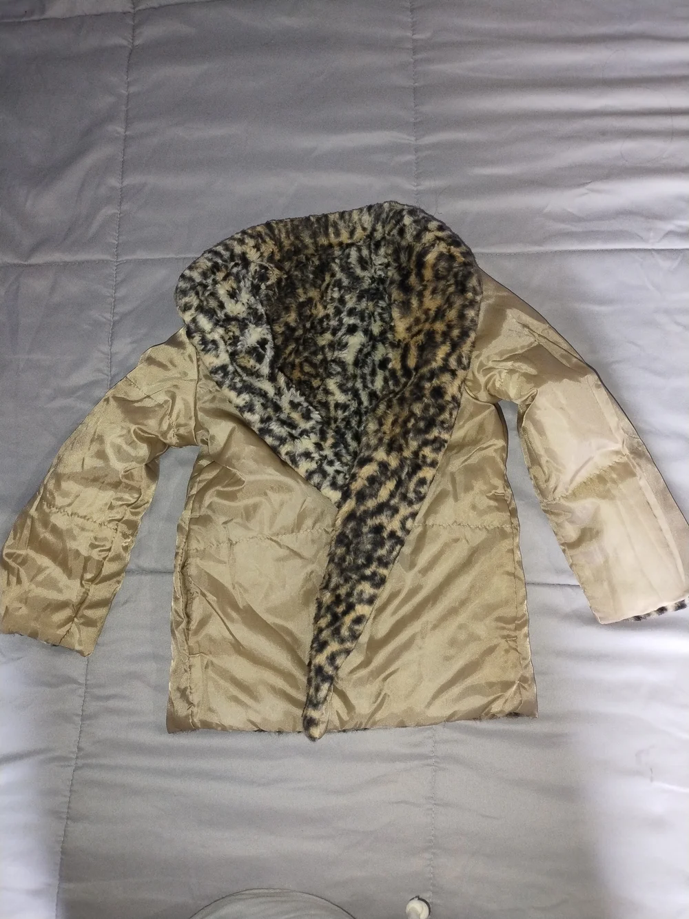 Girls' Cream Jacket with Leopard Faux-Fur Collar